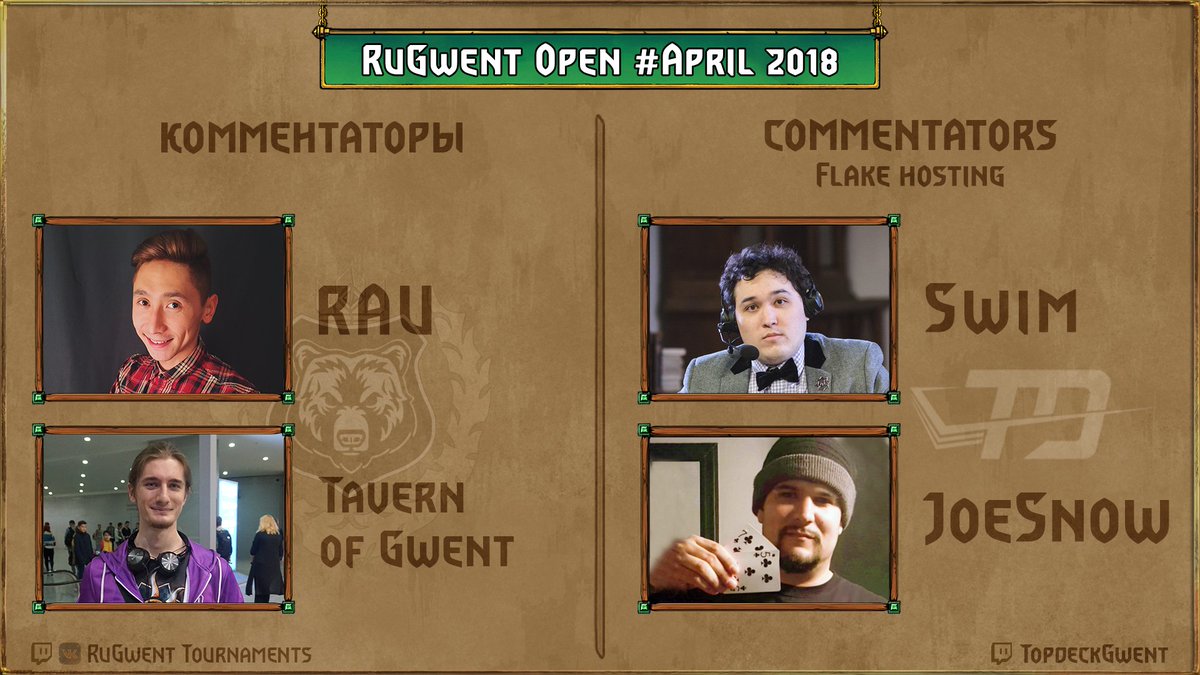 ClaymoreGWENT's tweet photo. Join us 6th of May 5pm CEST/18.00 MSK for the live broadcast of #RuGwent Open #April 2018 Finals!

https://t.co/pzHxZiHTid … (на русском от RuGwent Tournaments с Rau и @TavernOfGwent)

https://t.co/Dsl2yefdTq  (in english with @TopdeckSwim and @JoeSn0w from @TopdeckPro)

#Gwent https://t.co/Tuh7vwYr6q