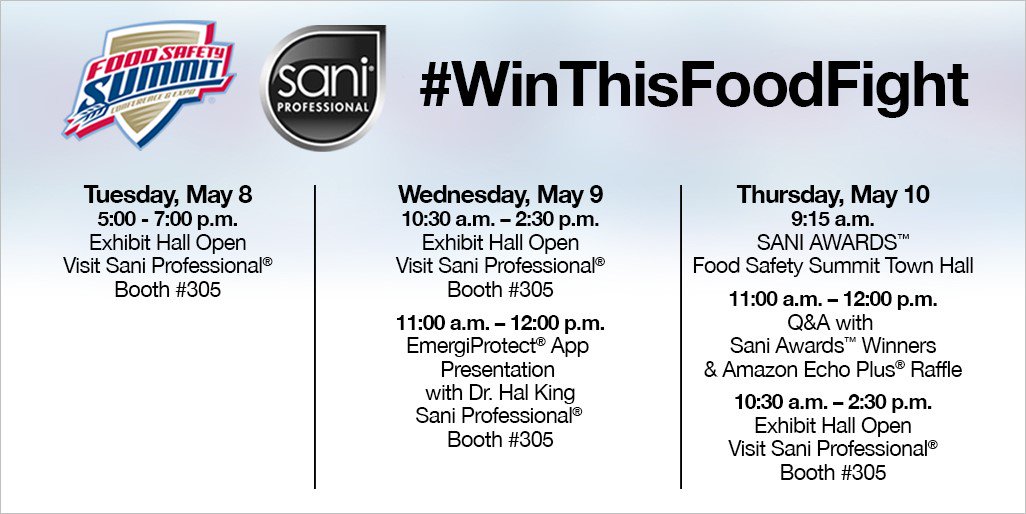 WeAreSaniPro's tweet photo. We're so excited to be a sponsor of next week's #FoodSafetySummit! Come to Booth 305 to learn how Sani Professional can help you #WinThisFoodFight against foodborne illness. https://t.co/kJDEtJF2BA
