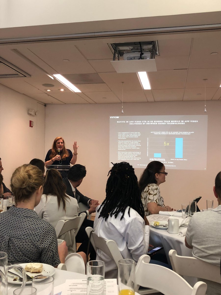 InMobi's SVP of Global Programmatic &amp; Brand, <a href="/afrisbie/">afrisbie</a> presented at the <a href="/iab/">IAB</a> #NewFronts Insights Breakfast this morning. The slide being shown here notes how native in-app CTR is 5x higher vs. in-app #mobilevideo ads delivered via browser-based tech #mobileadvertising #mobileads