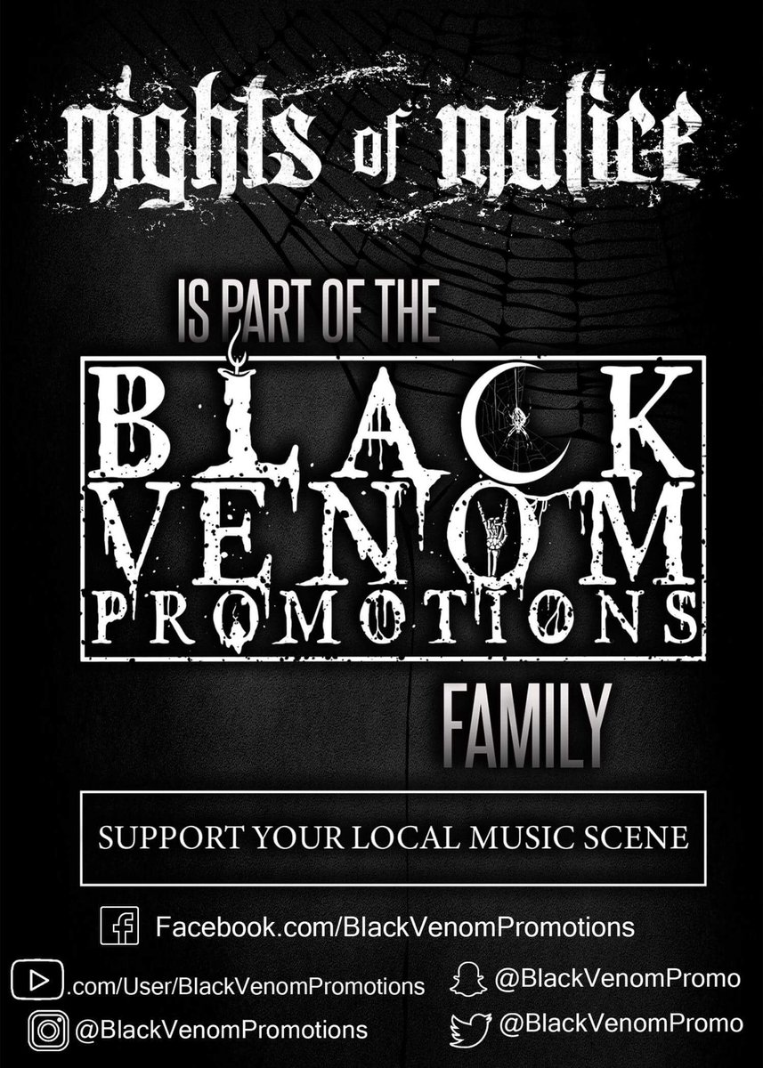 nightsofmalice's tweet image. We would like to announce our partnership with Black Venom Promotions! These guys do anything they can to support up and coming underground metal/hardcore acts that work hard. Be sure to follow them on social media and check out the other bands on the roster! #blackvenom