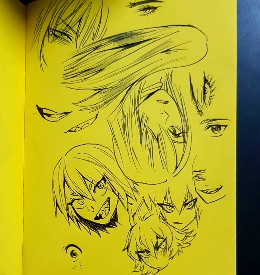 some stuff from my sketchbook, including a kiri and aizawa (its a yellow book but the lighting is so varied lmao) 