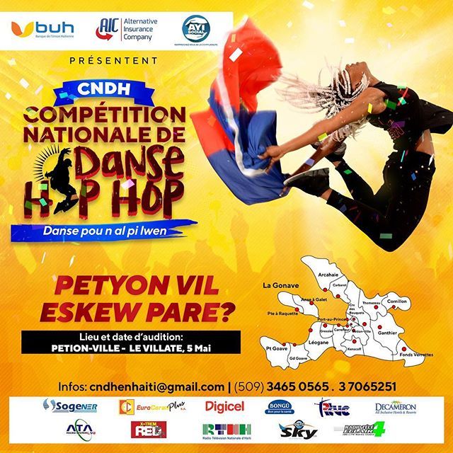 HaitiCndh's tweet photo. PetyonVil se sizièm kote odisyon yo ap fet. Se BUH, AIC ak AyiSocial ki prezante Competition National de Dance HipHop la. PetyonVil eske nou pare? Demen bonè bonè, nou sou nou. 
Tout dansè, tout kote, nan tout kat kwen peyi a, 
Danse pou n’al pi lwen!!! … https://t.co/3z6H1rxw6i https://t.co/MVik0pCNu5