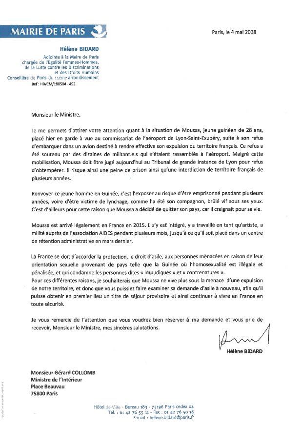 Helenebidard's tweet photo. Mon courrier pour le Ministre de l'Intérieur @gerardcollomb à propos de la situation du Guinéen #Moussa, menacé d'expulsion du territoire français, alors qu'il subit des persécutions homophobes dans son pays. Le droit d'asile doit lui être accordé !
#LIBEREZMOUSSA https://t.co/AT1ZtdaWO7