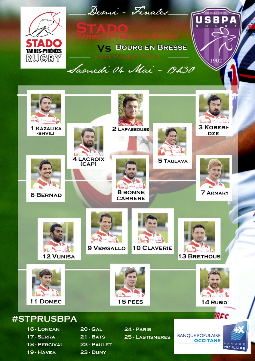 StadoTPR's tweet photo. LA COMPO 🔴⚪️
Voici la XV de départ de cette demi-finale aller face à @USBPAofficiel !
🏉 Coup d’envoi à 19h30 ! #STPRUSBPA #AllezStado https://t.co/xXGRvFr07S