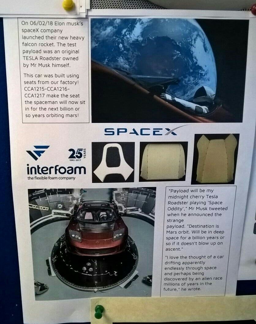 servetcasabona's tweet photo. Ese momentazo en el que das cuenta de que uno de tus productos está viajando por el espacio 🔭

Espuma de #poliuretano #Elastoflex de @BASF_ES en los asientos del coche que SpaceX lanzó al espacio, en órbita solar más allá de Marte por los próximos miles de años. Wow!! https://t.co/rnzSwhgZyA