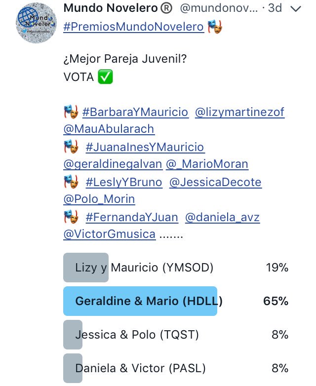 mundonoveleromx's tweet photo. #Resultados 🎭🎖 

Ganadora como (Mejor Pareja Juvenil)
Fue @geraldinegalvan y @_MarioMoran por el papel de #JuanaInes &amp; #MauricioIriarte en @hijasdelalunaof 
¡Felicidades! 👏🎭 

#HijasDeLaLuna .  
#PremiosMundoNovelero https://t.co/dMz14e0zdq