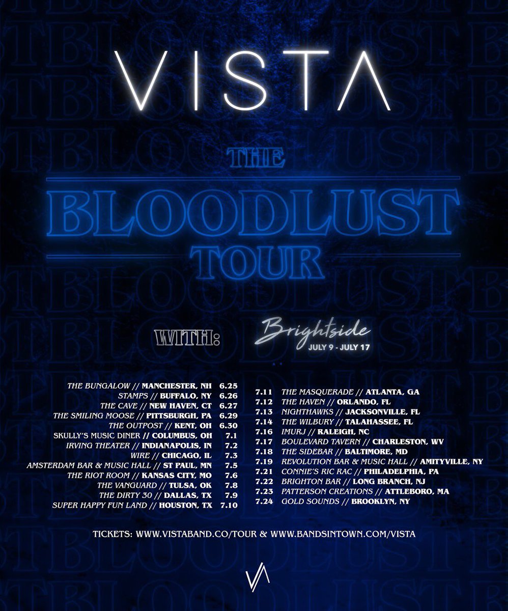 ANNOUNCING: THE BLOODLUST TOUR

25 dates. New music, new merch, new setlist. Our friends in Brightside will be joining us from 7/9 - 7/17. Kicks off 6/25 in Manchester, NH.
\/ /\

TICKETS: vistaband.co/tour
Tour poster: <a href="/ittybittyholly/">Holly Turner</a>