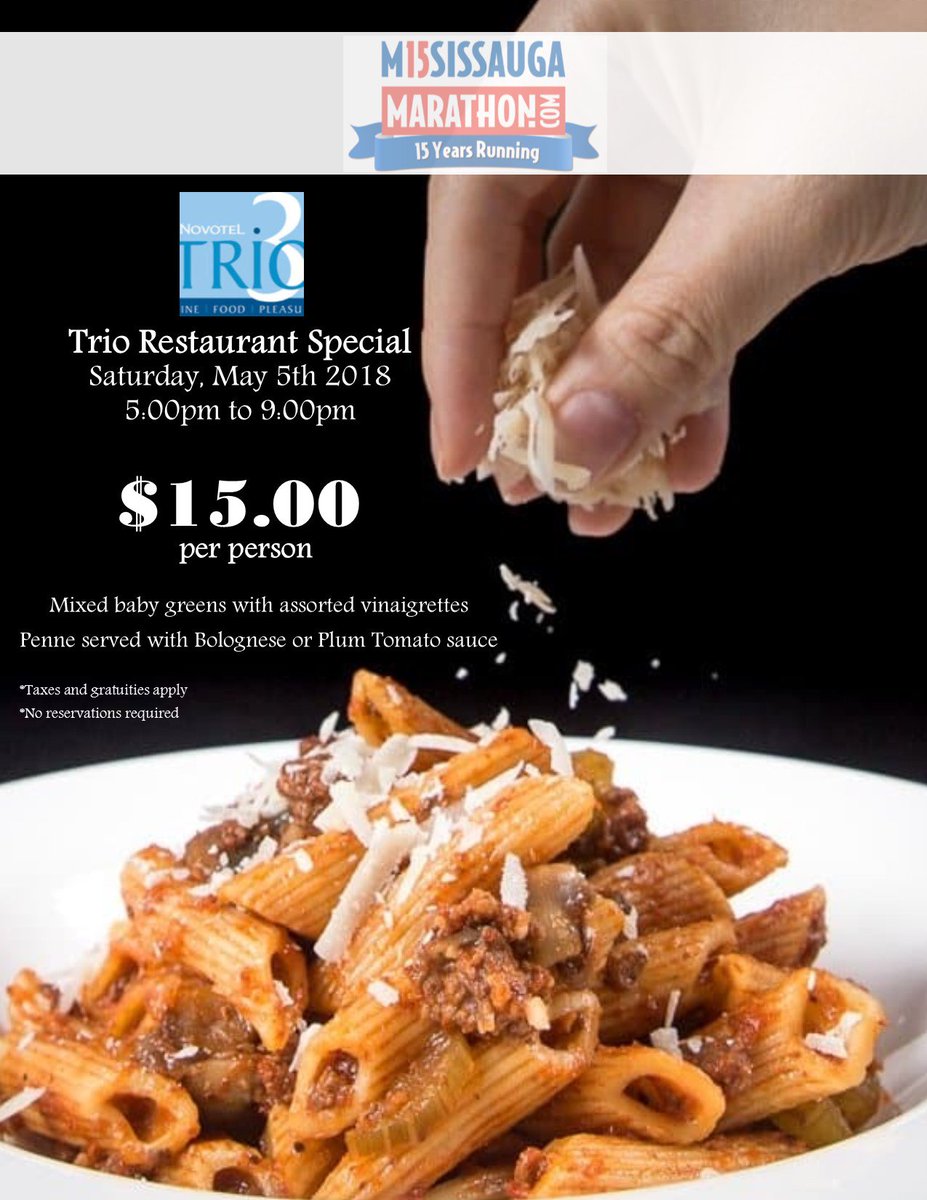 Here's to the Marathon Weekend! For all the @SaugaMarathon runners: Enjoy Trio Restaurant’s Pasta Dinner Special on May 5TH at $15.00 per person, available from 5:00-9:00pm!