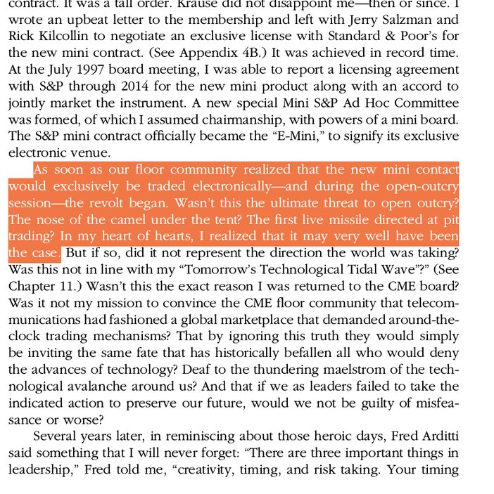 Ten years later, in 1997, he managed to sneak in the launch of the E-Mini contract *during* open outcry hours, almost through the back door - and no one was happy about it. Unable to bar the contract from trading, existing players tried to force limits on contract size.2/5