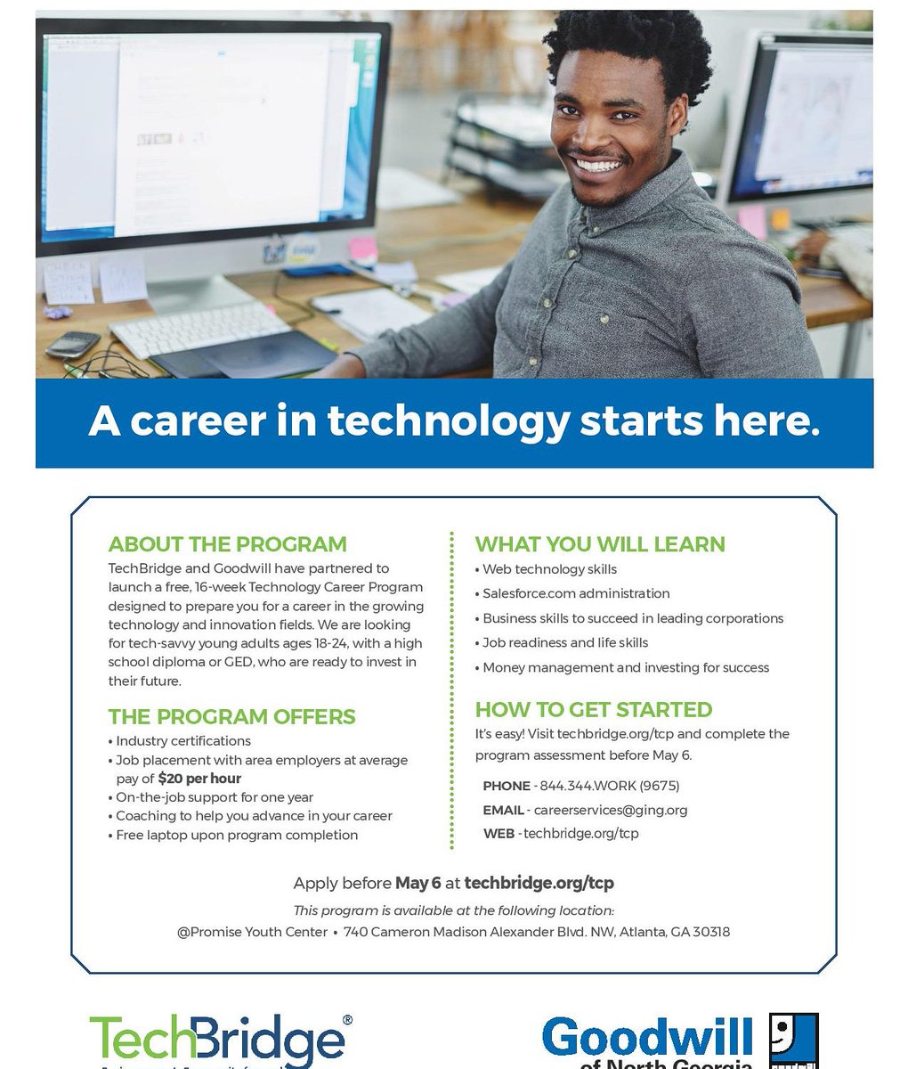 andreforatlanta's tweet photo. Applications will close Monday! Tell your 18-24 year olds about our free technology training taking place at night and weekends over the next 4 months. Get a high tech skill and job! @iamtechbridge https://t.co/zf9897ElJn https://t.co/G6idaMvqoH