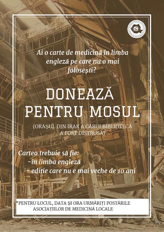 StudentIQ's tweet image. Ai o carte de medicină în limba engleză pe care nu o mai folosești? Poți să o donezi pentru reconstituirea bibliotecii din Mosul, Irak,
care a fost distrusă în anul 2014. Afla detalii aici facebook.com/FASMR/posts/19…
Implică-te! Poți ajuta alți studenți la medicină să salveze vieți!
