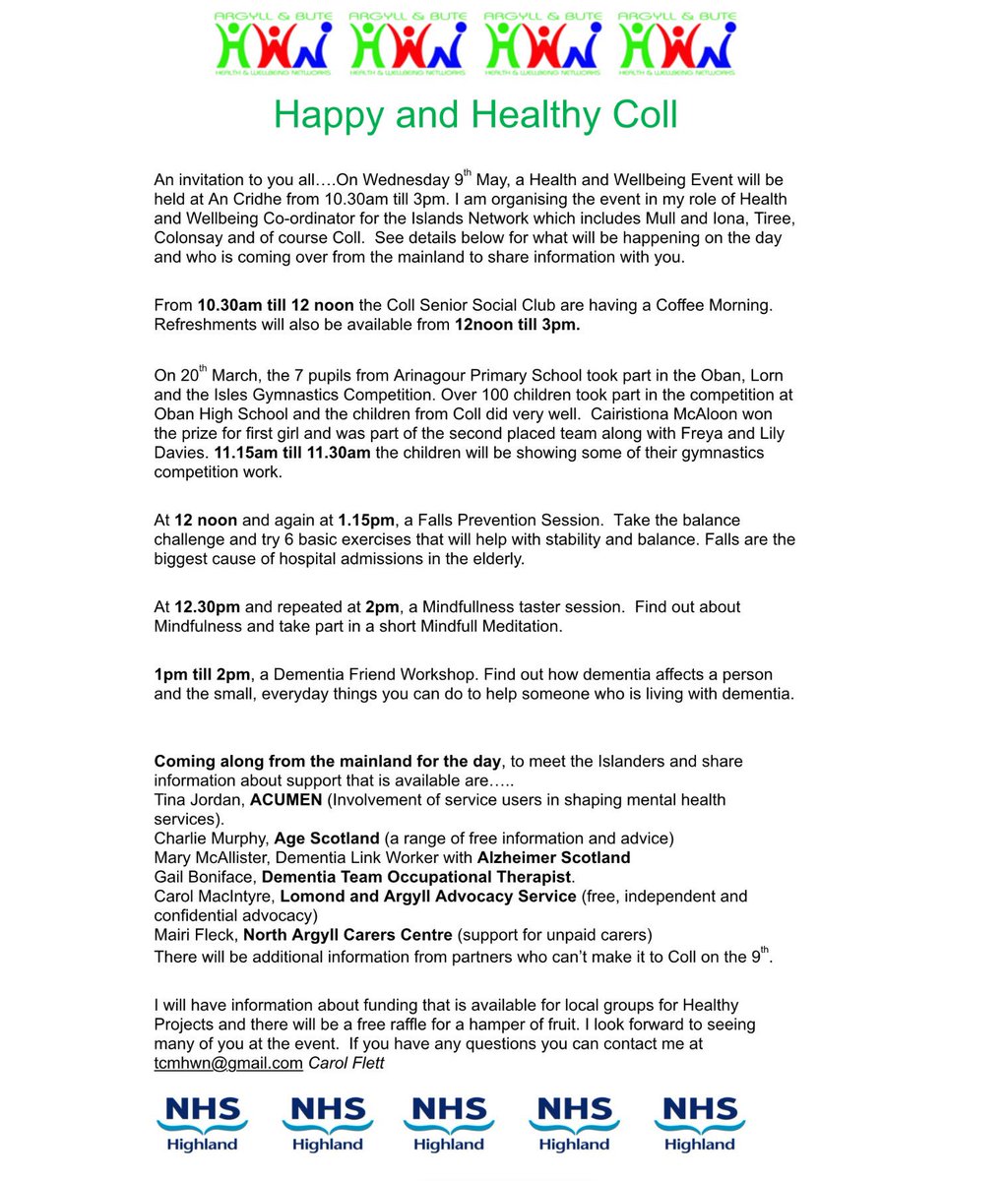 Jean5724's tweet photo. Wed 9 May Happy &amp; Healthy Coll a Health &amp; Wellbeing Event at An Cridhe from 10.30am - 3pm. Join @alzscot link worker @maga40 for a Dementia Friends Session at 1pm @abhscp @NHSHighland @agescotland https://t.co/W9mMn0sJD1