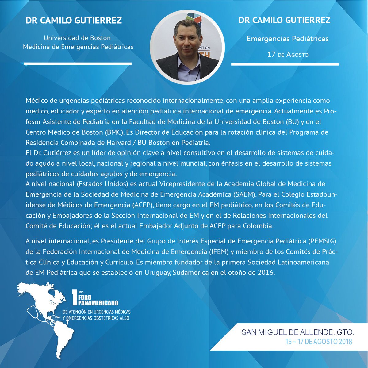 Médico de Urgencias Pediátricas, reconocido internacionalmente por su experiencia como Médico, Educador y Experto en Atención Pediátrica, el Dr. Camilo Gutiérrez. Presente en nuestro 1er Foro Panamericano PACE. ¿YA RESERVASTE? goo.gl/NJ5HL8 #SomosPACE