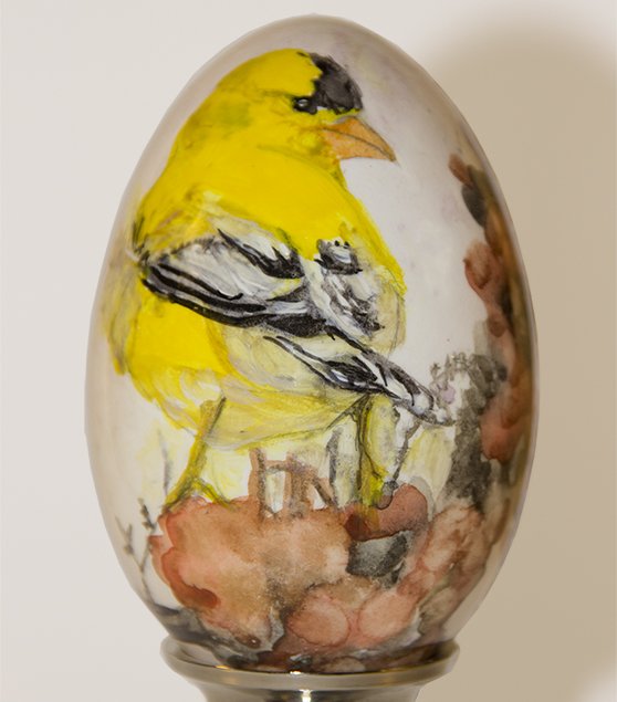 If you can steal away to the John B. Aird Gallery today, there is a tiny treat in store for you. You may not see it at first, but as you make your way in, you will come across this treasure, "American Goldfinch" watercolour on goose egg.
petruk.net/newsite/Tanya Petruk