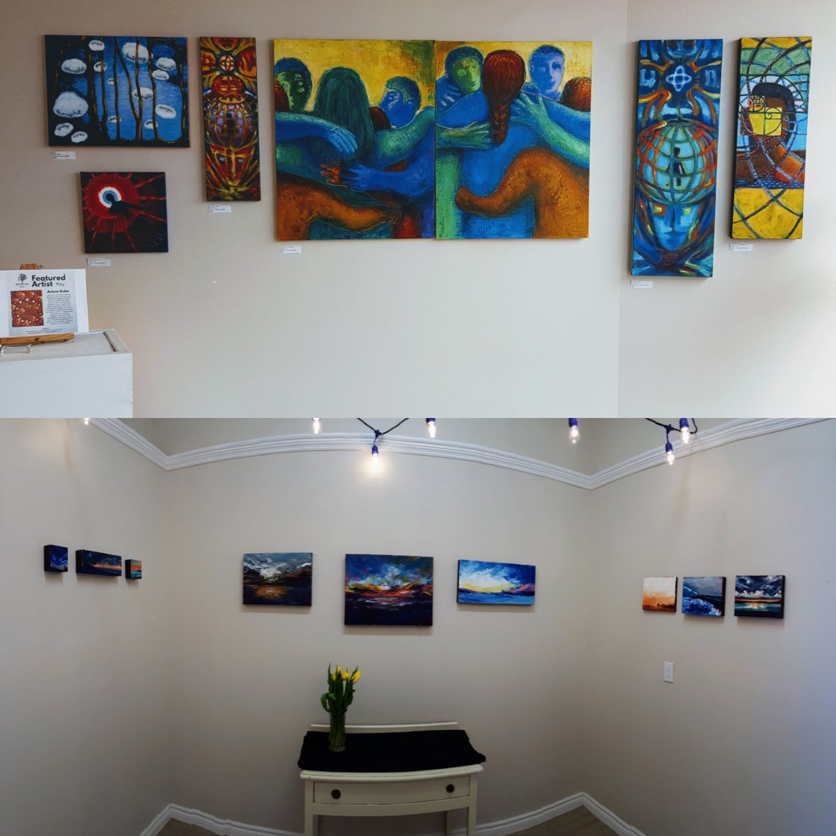 roundhillstudio's tweet image. Here's a sneak peek of the new exhibits: Arlene Dubo's "Love and Knowledge" and Jaime Lee Lightle's "Love of Sky and Sea". Come by today or this evening (until 9 PM). #loveandknowledge #loveofskyandsea #artexhibit #contemporaryart #artgallery #annapolisroyal