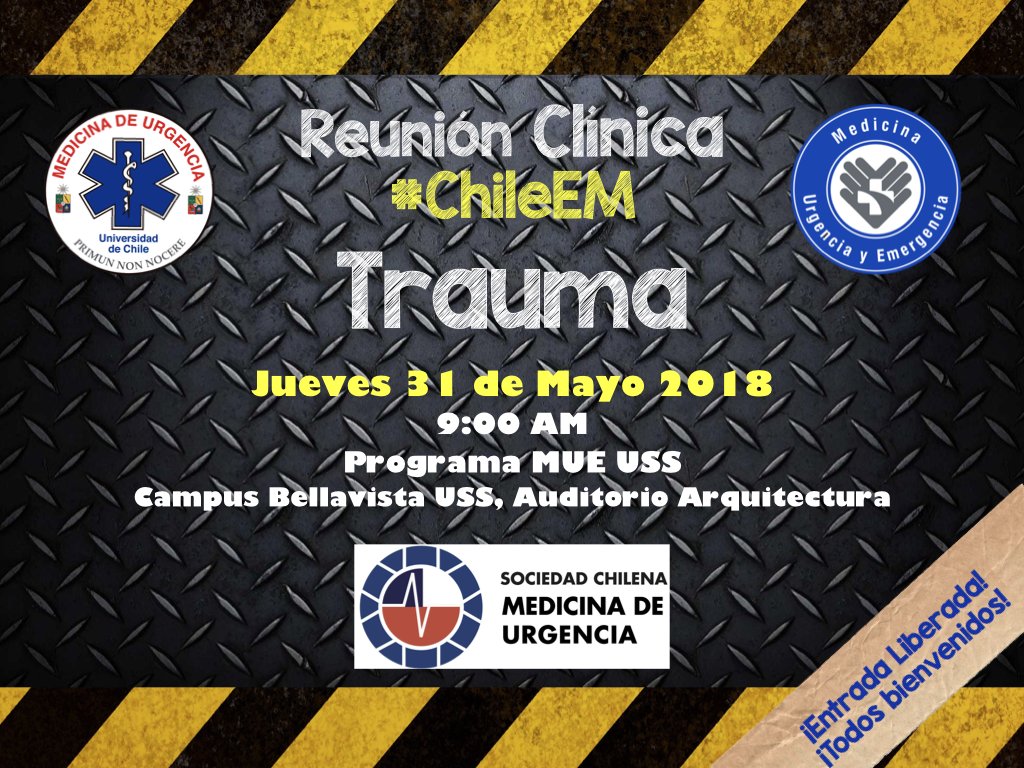 ChileEM_2016's tweet photo. Reunión Clínica conjunta #ChileEM
Tema: Trauma
Fecha: Jueves 31 Mayo 2018
Lugar: Campus Bellavista USS, Auditorio Arquitectura
Imágenes en trauma, TEC, PCR traumático y más!
¡Entrada Liberada!
Patrocinado por @sochimu , ven a escuchar en que estamos como sociedad! https://t.co/h8ktIDSJKe