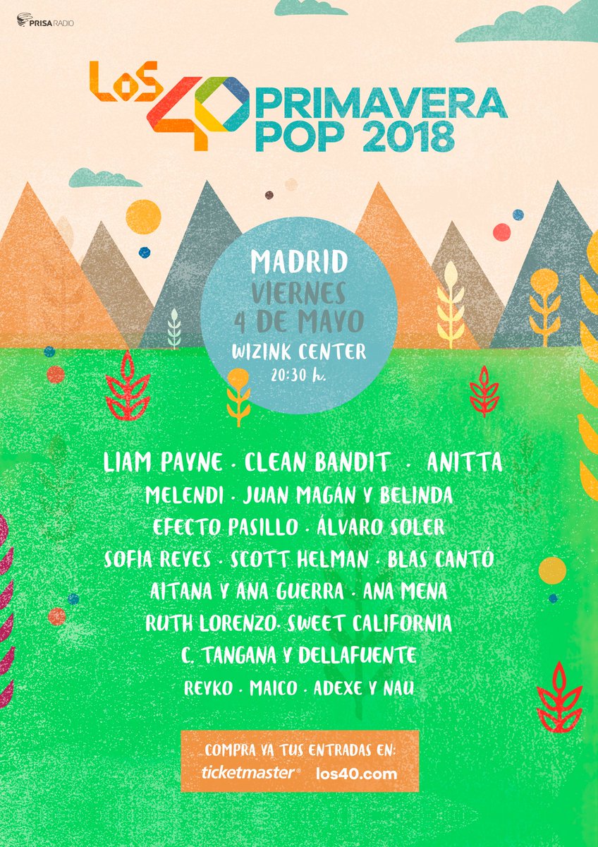 🔜 HOY EN LOS <a href="/40PrimaveraPop/">LOS40 Primavera Pop</a> de #Madrid:
<a href="/LiamPayne/">Liam</a> <a href="/cleanbandit/">Clean Bandit</a> <a href="/Anitta/">Anitta</a> <a href="/MelendiOficial/">Melendi Oficial</a> <a href="/JuanMagan/">Juan Magán</a> <a href="/asolermusic/">Alvaro Soler</a> <a href="/Aitana_ot2017/">@aitanax❣️</a> &amp; @AnaG_ot2017 @SoSofiaReyes, y muchísimos más!! 🎶
🚨Recuerda:
📌 Wizink Center
🕗 20:30h 
💻 los40.com o en el YOUTUBE de <a href="/Los40/">LOS40</a> 📹.