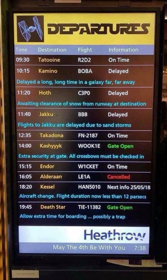 There are some delayes in heathrow please be patient

Ofcourse our flight to dead star is on time and aboarding