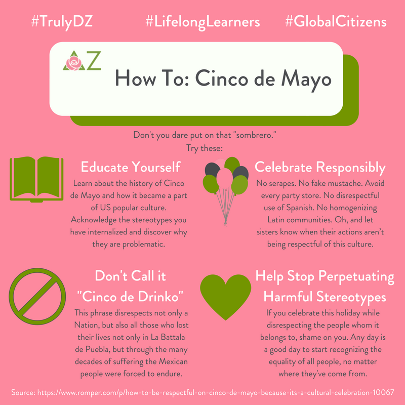 Tomorrow is Cinco de Mayo! Check out these quick tips to celebrate such a great holiday respectfully and responsibly :) #CincoDeMayo #TrulyDZ #LifelongLearners
