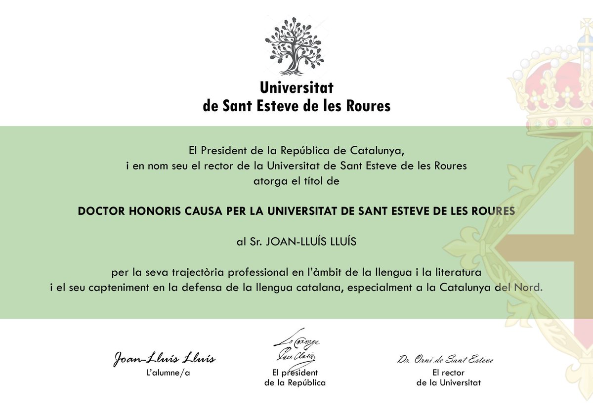 El Magnífic Rector Dr. Orni confereix al Sr. <a href="/Joanlluislluis/">Joan-Lluís Lluís</a> el doctorat honoris causa per la seva trajectòria professional i per la defensa de la llengua catalana, acomplint així l'acord del Claustre de 23 d'abril d'enguany, i li lliura el diploma acreditatiu