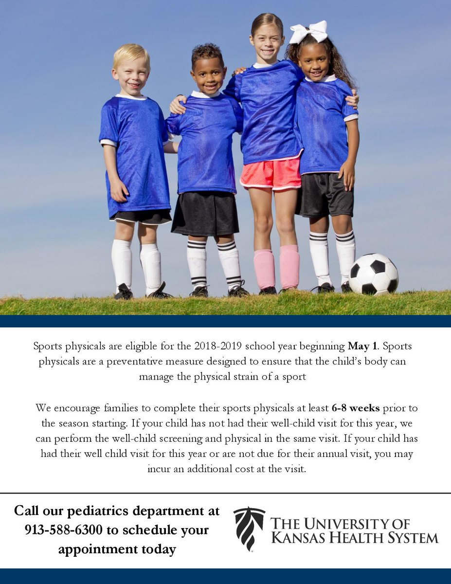 KUPeds's tweet photo. Schedule your child's sports physical for the upcoming school year today! Call us at 913-588-6300 https://t.co/p3YPgPLO6B