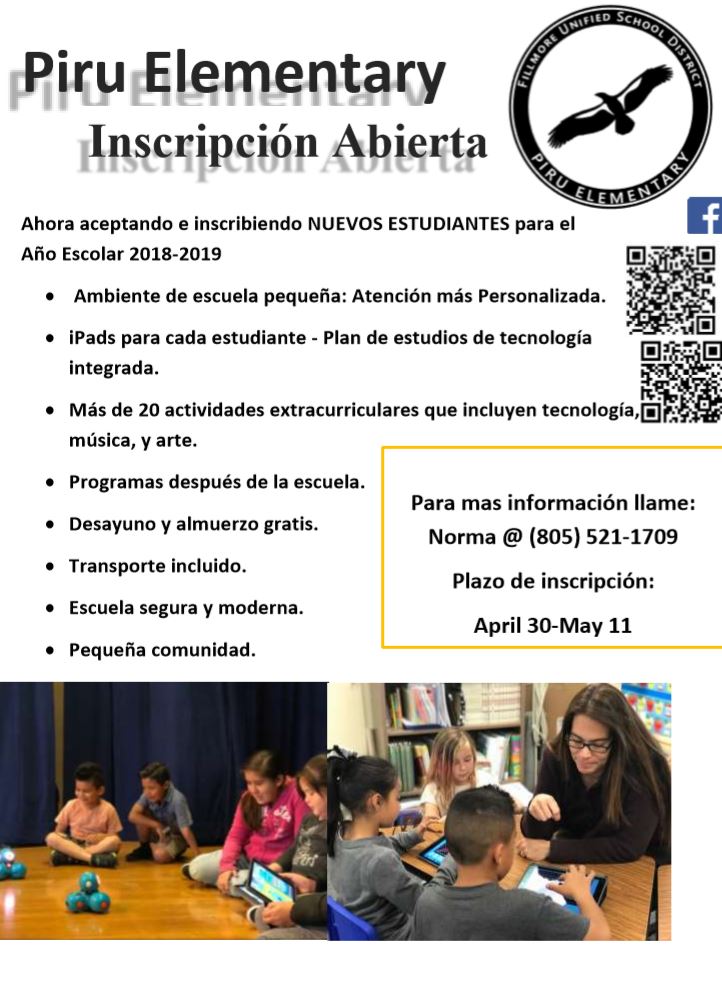 Fillmore Unified (@fillmoreusd) on Twitter photo Enrollment opportunity available now for Piru Elementary School.  Contact (805) 521-1709 for information. Enrollment opportunity available now for Piru Elementary School.  Contact (805) 521-1709 for information.