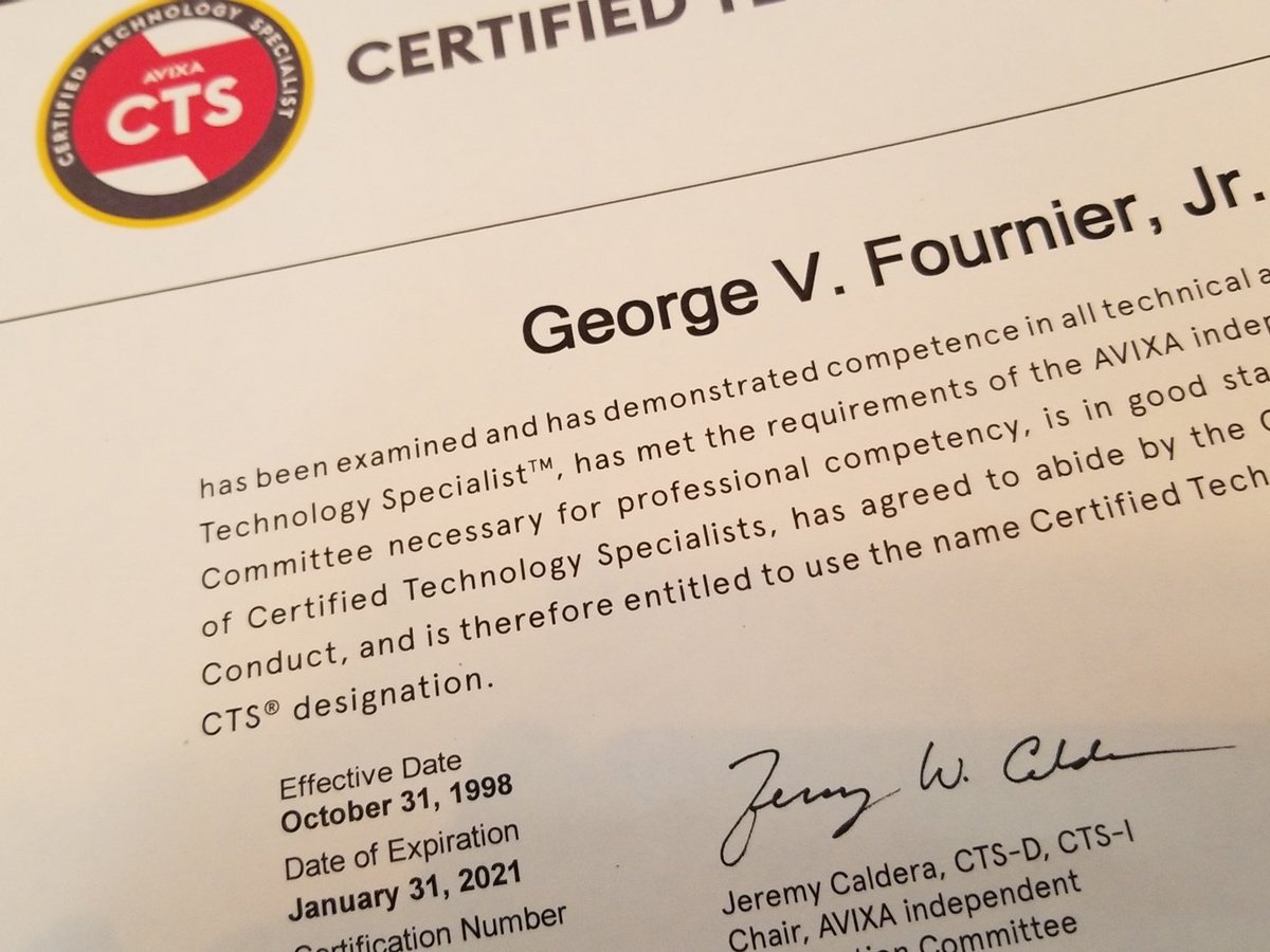 GeorgeVFournier's tweet photo. I'm official for another 3 years #CTS next goal CTS-D. Man #ImOlderThanDirt 20 Years as a @AVIXA Certified Technology Specialist. #AVTweeps #CTSPrepper https://t.co/FjUucKoW3B