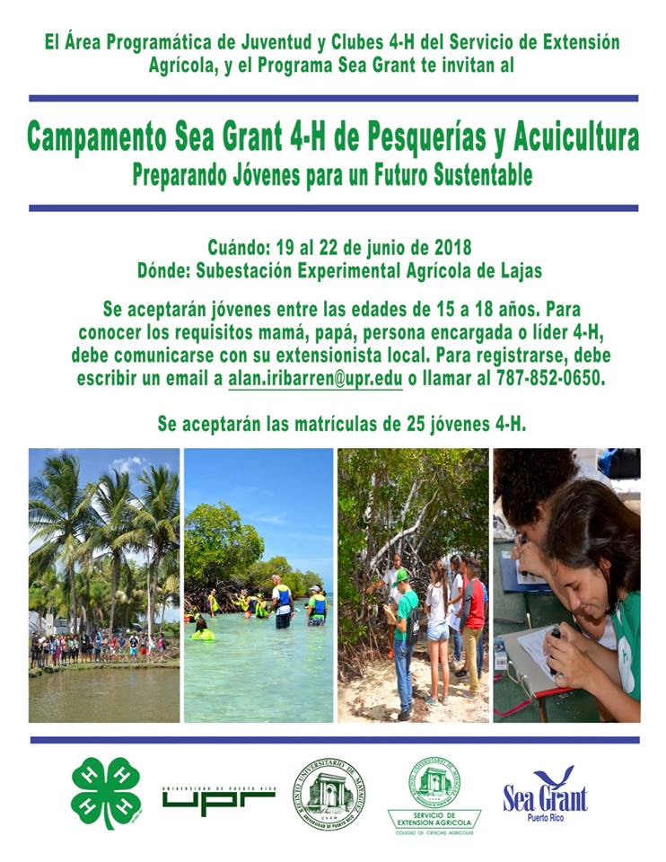 🔔¡TREMENDA OPORTUNIDAD: #Campamento de verano en Lajas enfocado en pesquerías y acuicultura para jóvenes @4HPuertoRico entre 15 a 18 años! 🐟🦐🐠

🗣️ Para info, comunicarse con <a href="/SeaGrantPR/">PR Sea Grant</a> y con el Servicio de Extensión Agrícola <a href="/SEAUPRM/">Servicio de Extensión Agrícola</a> = alan.iribarren@upr.edu o 787-852-0650