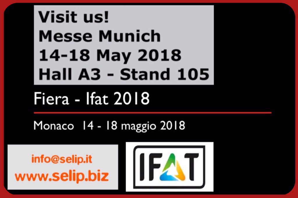 Selip_SpA's tweet photo. Selip will participate as exhibitor at IFAT Munich Show 2018 (from May 14 to 18).
Visit us in our Stand: Hall A3 - Stand 105.

DISCOVER our innovative FBM-FilterBlueMaxi made all in FRP.
DISCOVER our range of production in FRP; tanks, silos, pressure filters, scrubbers. https://t.co/NdfUe9G5Tv