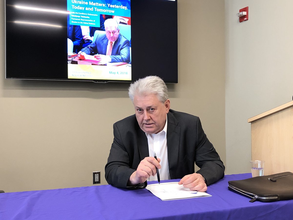 UKRinUN's tweet photo. There is a great risk that #Russia might undertake other actions that would further undermine security and stability in #Europe and beyond. United international response is required.  

Amb. @YelchenkoUN discussing foreign policy with students of @nyuniversity https://t.co/DjhPkQqPG5