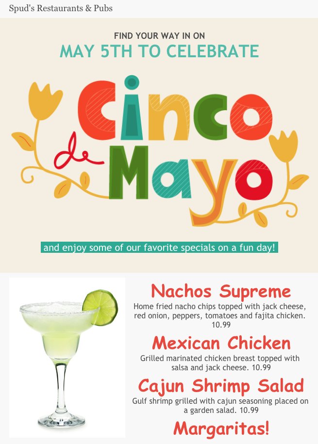 Spudsrestaurant's tweet photo. Celebrate Cinco de Mayo with us! #CincodeMayo #SpudsRestaurant https://t.co/0eLvvkVhkF