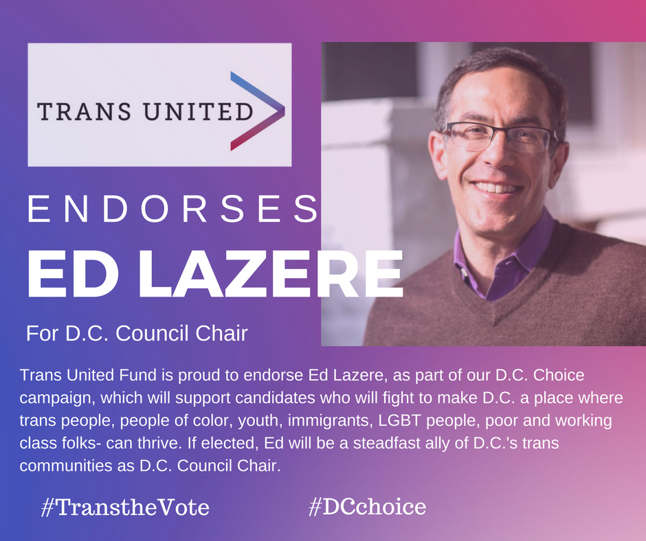 edlazere's tweet photo. Our campaign is incredibly honored to receive the endorsement of @transunitedfund, an organization committed to building the political power of trans and gender expansive communities and allies to advocate for trans equality.
#TranstheVote #DCchoice #DCision18 https://t.co/UTb58B8cNQ