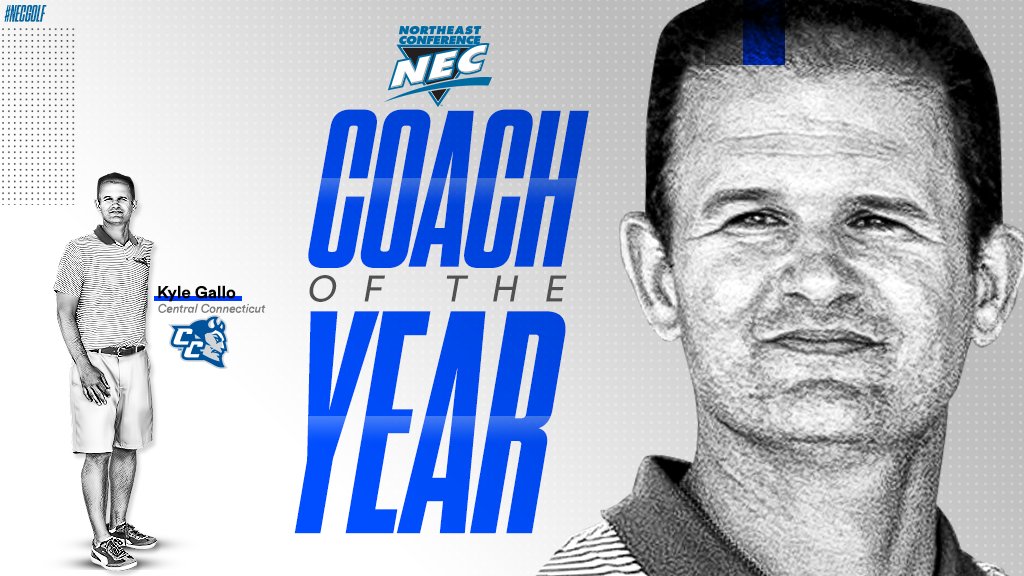 NECsports's tweet photo. The 2⃣0⃣1⃣8⃣ NEC 🏌️‍♂️ Coach of the Year is... 

@CCSUBlueDevils' Kyle Gallo. 

The four-time Connecticut Open champion guided his alma mater to its first conference 👑 in more than one decade. #NECelite https://t.co/CubQLLjpMj