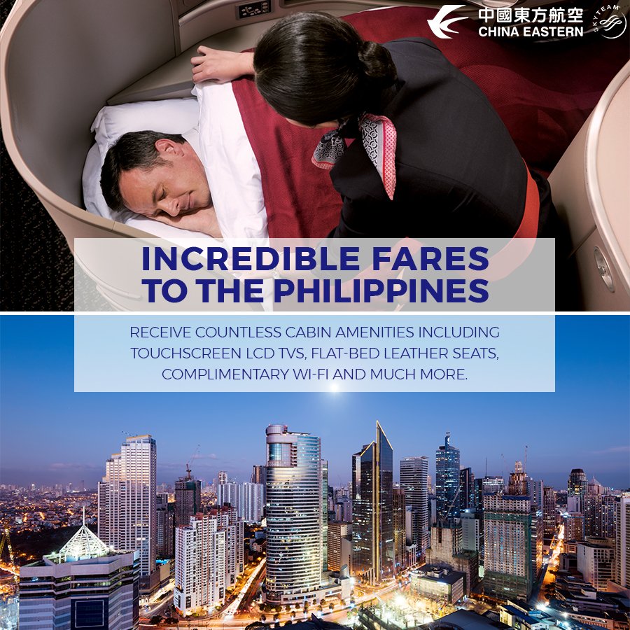 mangotours's tweet image. Planning a trip to the #Philippines? Let @ChinaEasternNA take you there. With amenities like touchscreen LCD TVs, flat-bed leather seats, and complimentary Wi-Fi, you’ll feel right at home from takeoff to touchdown. #FlyCEA: goo.gl/wxd25A