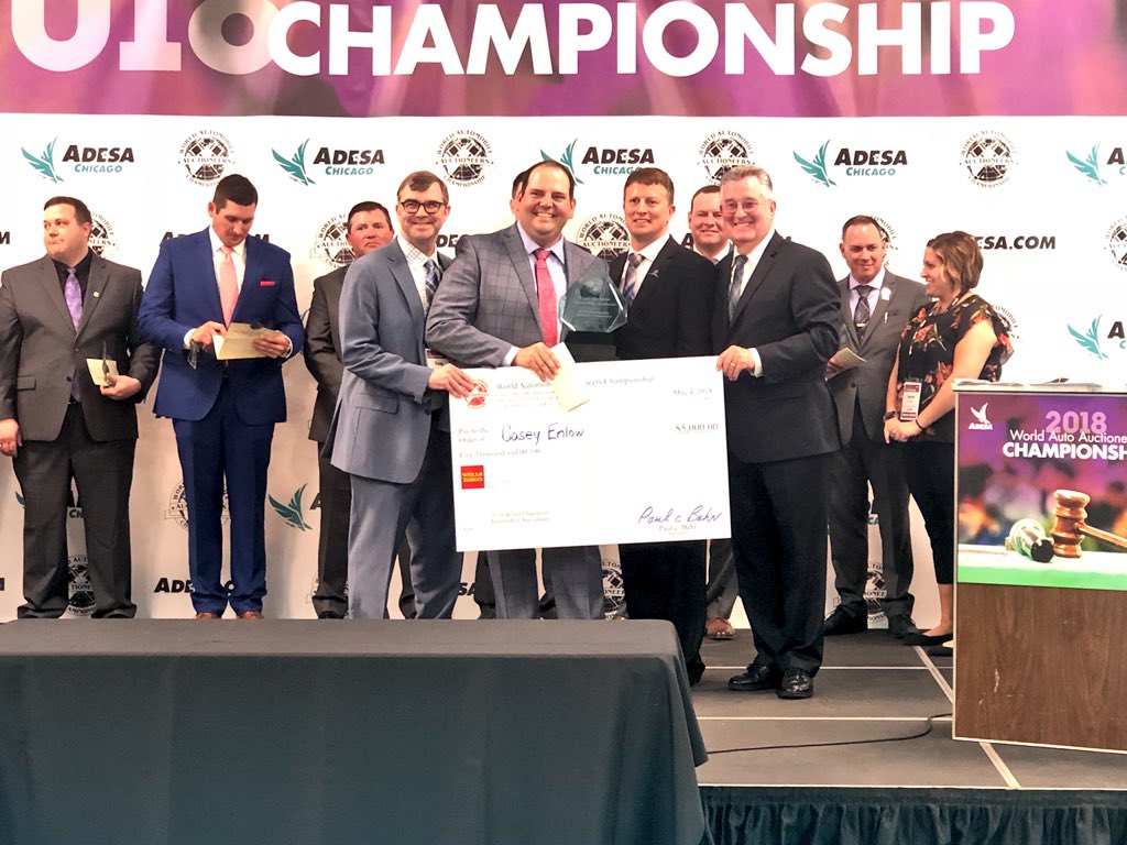 ADESAauction's tweet photo. Congratulations to this year’s Champion #Auctioneer: Casey Enlow! #WAAC2018 #RockTheMic #WorldChamp https://t.co/6qgDpl4otX