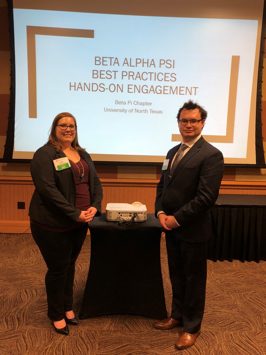 UNTACCOUNTING's tweet photo. Congratulations to Michael and Katy for leading UNT Beta Alpha Psi to another Superior Chapter status. Achieved 2,275 professional hours + 1,916 community service hours for a total of 4,191 hours of activity, 80% more hours than what was required to be awarded Superior status!! https://t.co/9mohXekeUS