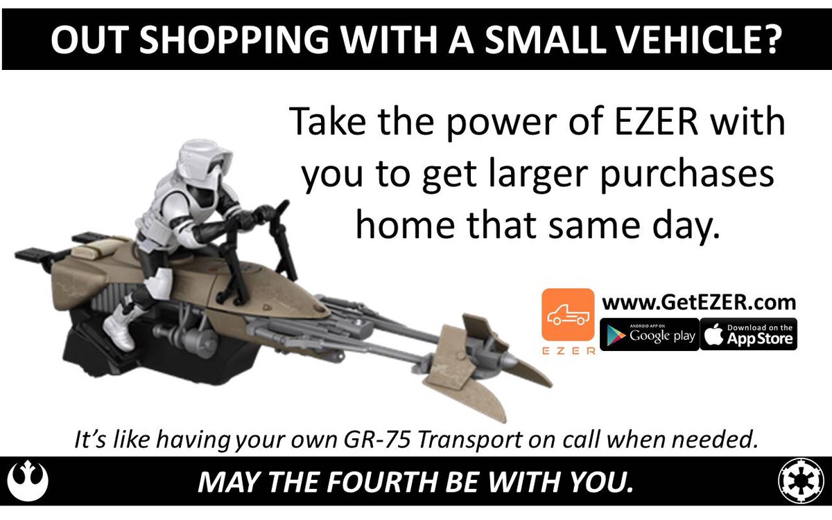 GetEZER's tweet photo. You bought it today, get it home today. 
   
#StarWarsDay #MayThe4thBeWithYou #MayTheFourth #LocalDelivery #HomeDelivery #SameDay #Shopping #OnDemand #StoreDelivery #Retailers #B2Me #DeliveryJobs #LocalJobs #Startups #SoCal #LA #IE #Haleiwa #MIN #MN #StPaul #Hou #GetEZER https://t.co/QUI34hYduW