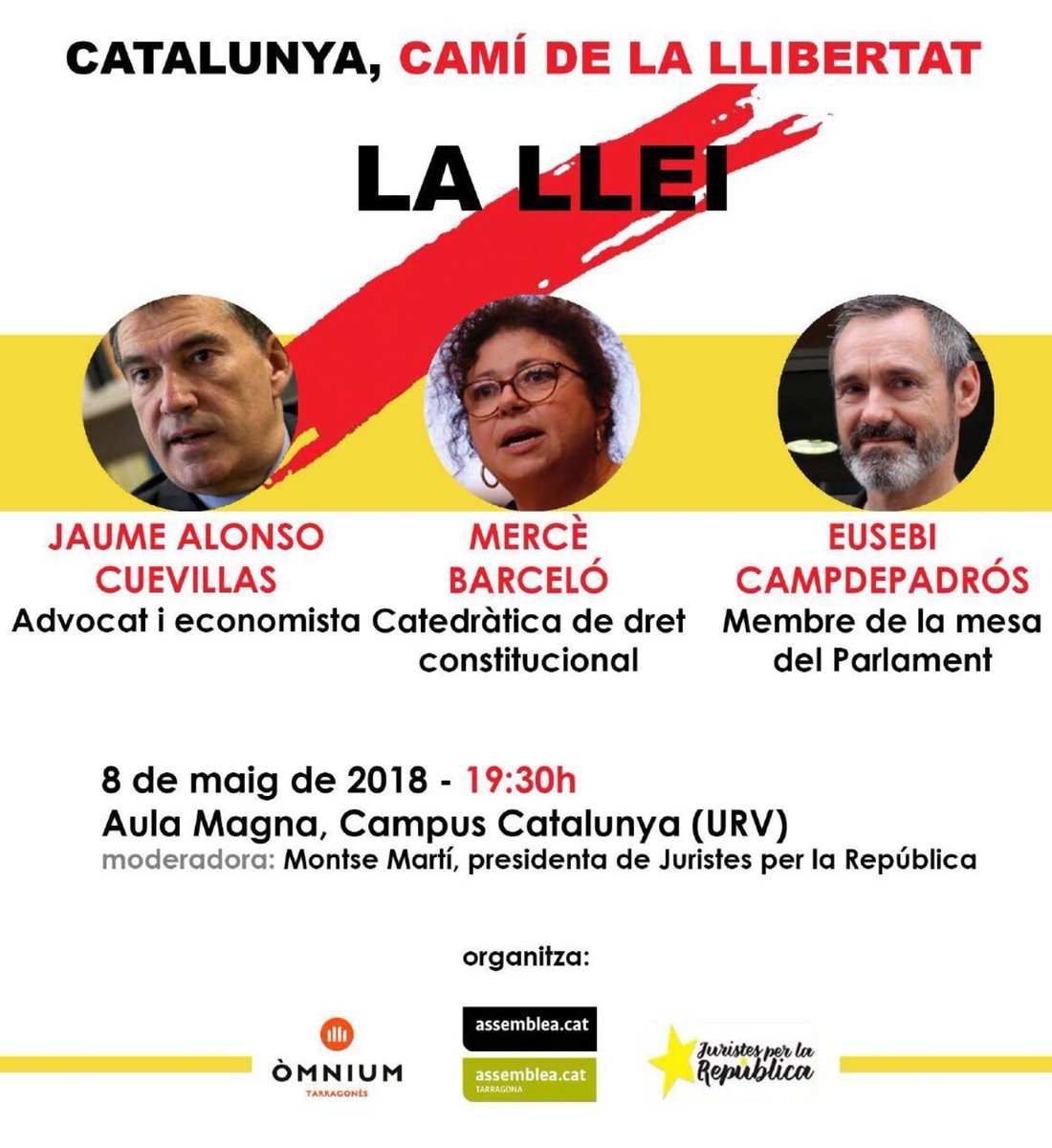 ATENCIÓ AGENDES!!
Acte interessantíssim per al pròxim 8 de Maig, a les 19.30 h, a l'Aula Magna de la URV, amb 3 primeres espases en l'àmbit jurídic q ens donaran una lliçó magistral de tot l'entramat legal en el qual es troba la República.
NO US EL PERDEU!
(ens ajudes amb un RT?)