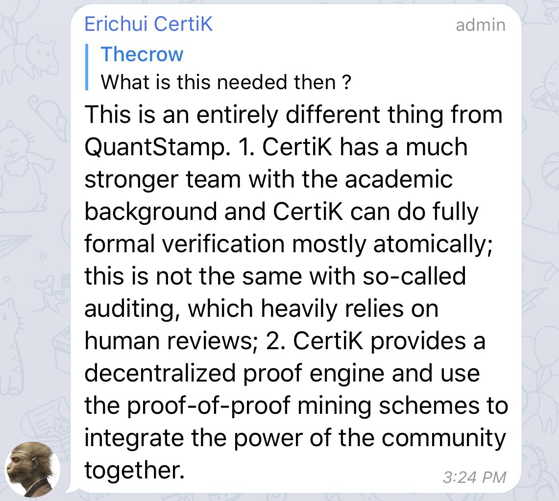 CertiK has been often compared to $QSP

Their team did not hold back in the latest reply explaining differences.

#formalverification #unhackable