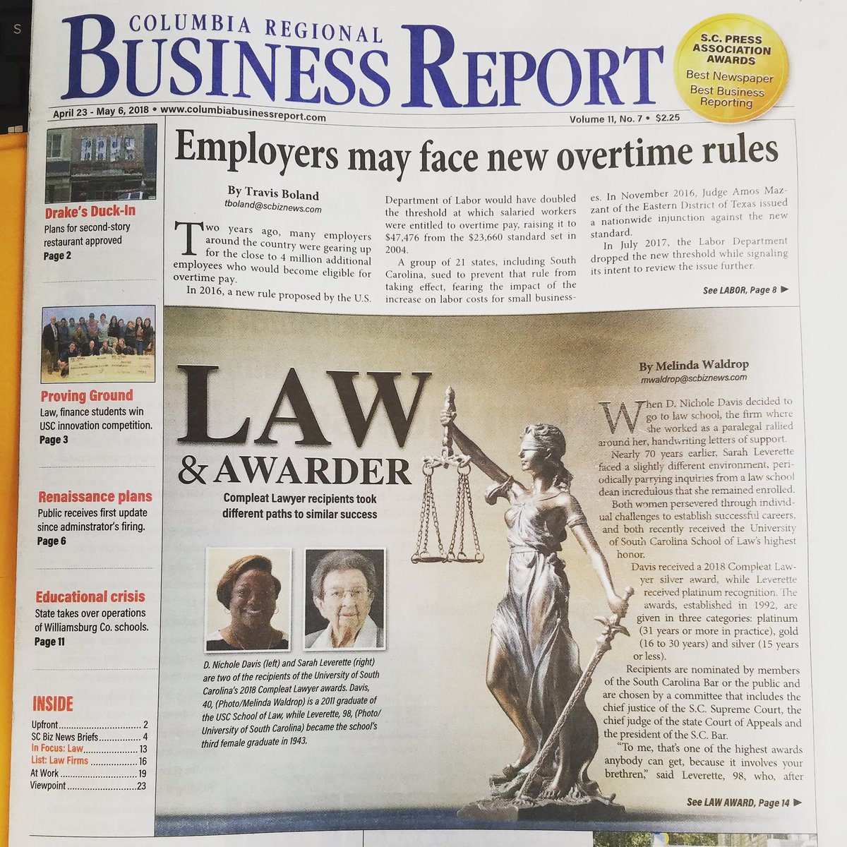 DNicholeDavis's tweet photo. The sun just keeps shining!! #LawyerLife #2018CompleatLawyer #ExceedinglyBlessed #SuperHappyNicky #ColumbiaRegionalBusinessReport https://t.co/hirUEhhJR7