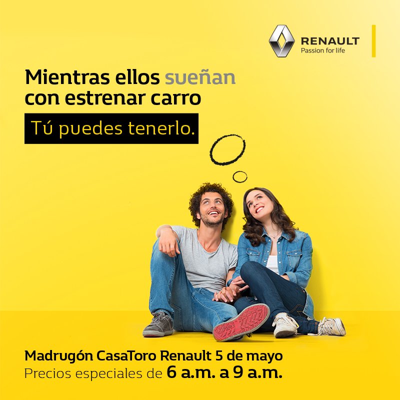 CasaToroWeb's tweet photo. #CasaToroRenault te invita a hacer parte del madrugón que se realizará mañana en donde encontrarás los mejores precios y beneficios para que te lleves tu carro nuevo, te esperamos en nuestros concesionarios. https://t.co/YD122w20y4