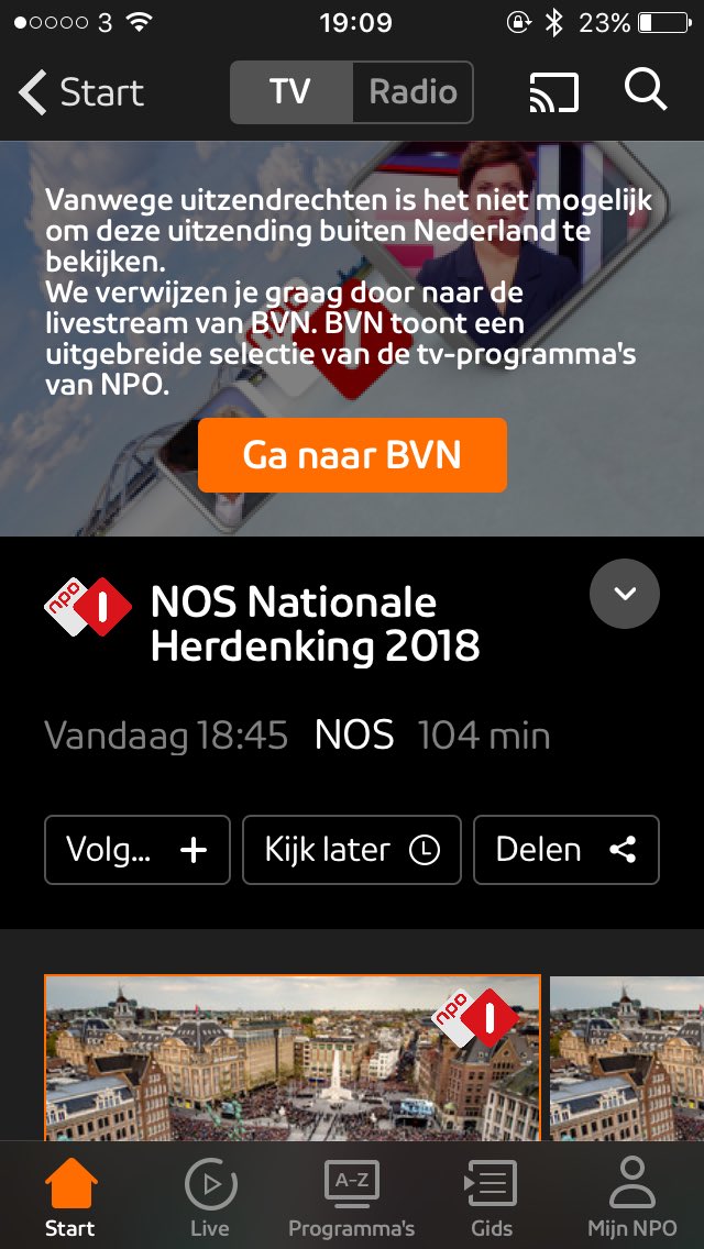 Hallo <a href="/NOS/">NOS</a> kan iemand mij uitleggen waarom er een rechtenbeperking op de uitzending van de #dodenherdenking zit? (Ja, BVN werkt wel, maar waarom deze stream dan niet?)