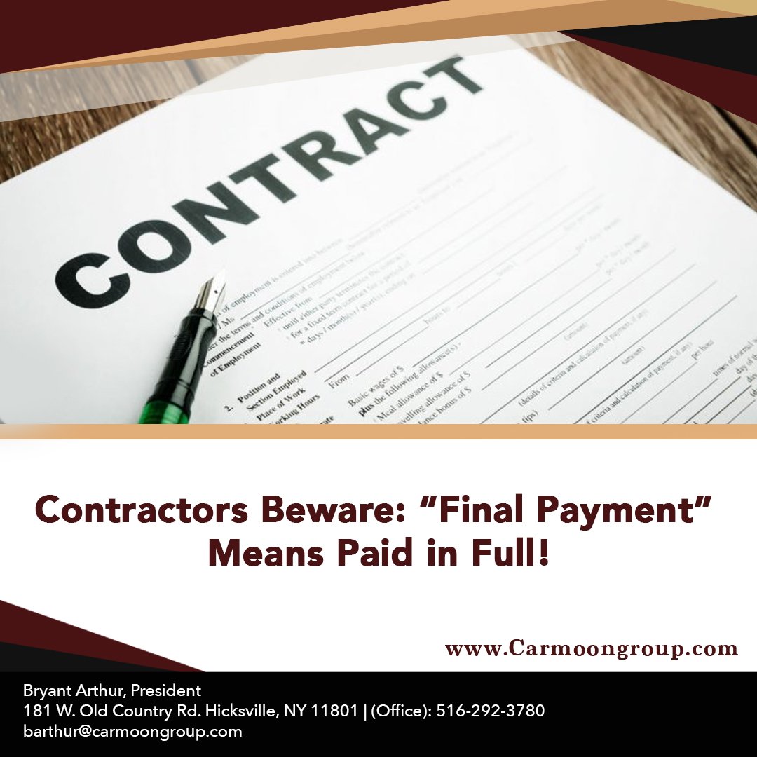 CarmoonGroup's tweet photo. Contractors are accustomed to being paid by check, often in amounts less than the full amount owed. Additional work orders or changes to the scope of a project often change the cost of a job, meaning additional monies than those stated in the original contract are due. https://t.co/vm02F9hDCC