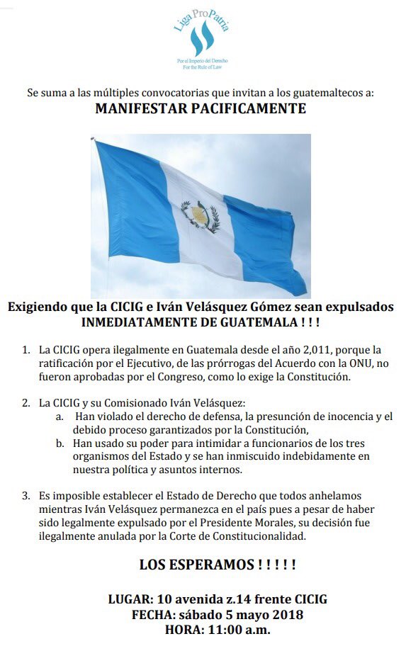 LigaProPatria's tweet photo. Se suma a las múltiples convocatorias que invitan a los guatemaltecos a:
MANIFESTAR PACIFICAMENTE #ivanseva #CORRUPCION #CICIG #Guatemala https://t.co/g3rctWQa72