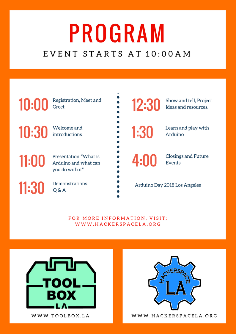 arduinoclasses's tweet image. Agenda for Arduino Day Los Angeles 2018 
🎟 Get your free ticket: buff.ly/2jofjmh  
#arduinoday2018 #arduinoday #ArduinoDayLosAngeles @HackerSpaceLA