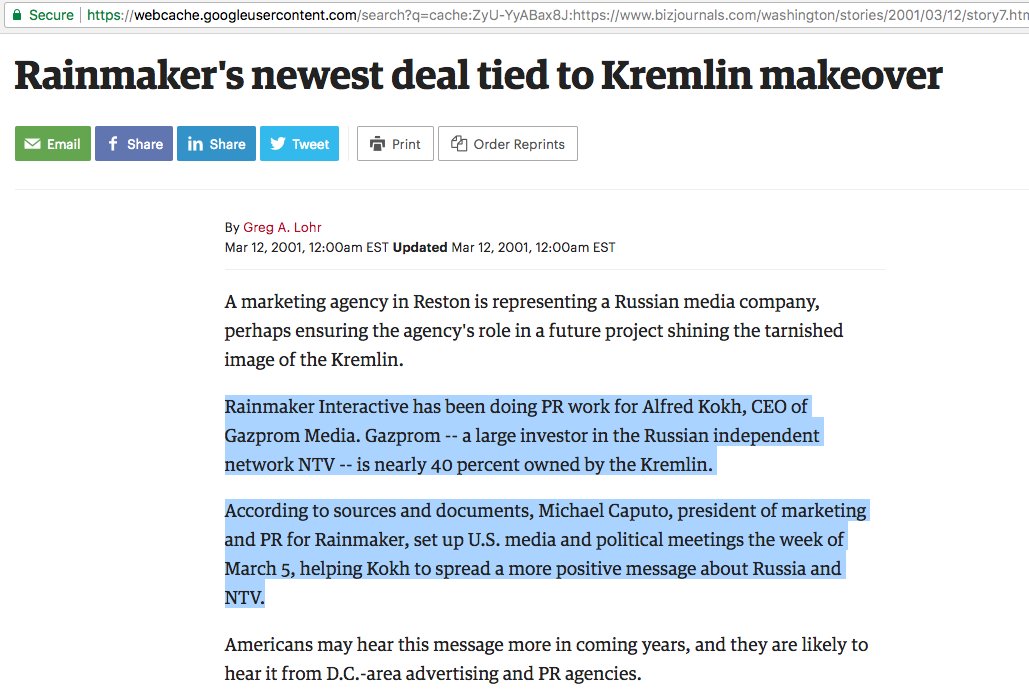 8. Rainmaker was to "represent a Russian media company, perhaps ensuring the agency's role in a future project shining the tarnished image of the Kremlin." https://webcache.googleusercontent.com/search?q=cache:ZyU-YyABax8J:https://www.bizjournals.com/washington/stories/2001/03/12/story7.html+&cd=1&hl=en&ct=clnk&gl=us