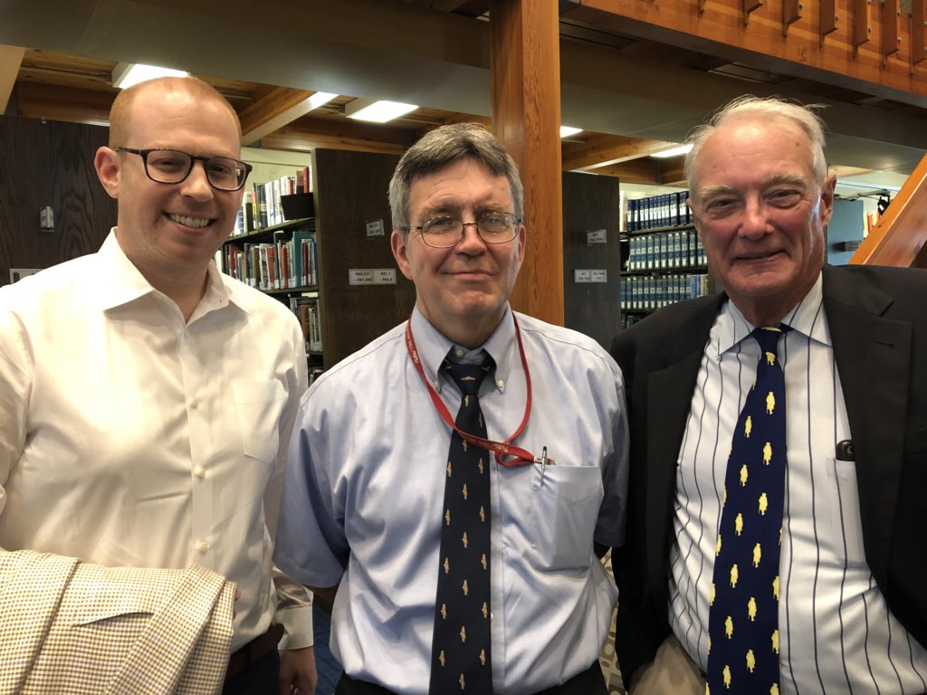 PennCharter's tweet photo. Matt Kessler OPC ‘99, John Burkhart OPC OPC ‘72 and Peter Cooke OPC ‘56 chillin’ in Gummere Libary. #OPCweekend https://t.co/jrR7inCe4h