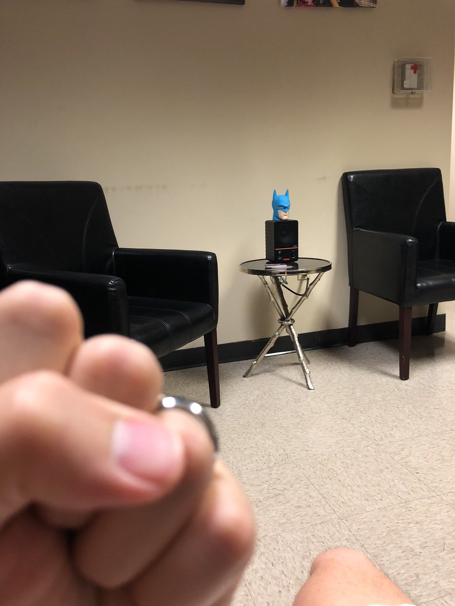 BrandonKravitz's tweet photo. Waiting room before hopping on with the @jimcolbertshow #BatmanHead @RealRadio1041 #Spoooorts https://t.co/GjjaN49j6P