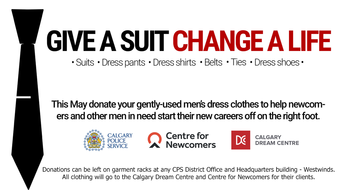 CalgaryPolice's tweet photo. Do you have men's dress clothes that you no longer wear? 👔👞

Donate them to help men at the @YYCDreamCentre &amp; @YYCNewcomers start a new career.

Drop them off on the garment racks at all District Offices &amp; CPS HQ.

More info: https://t.co/gVm1Bfptwj https://t.co/OdtcJ2ts3T