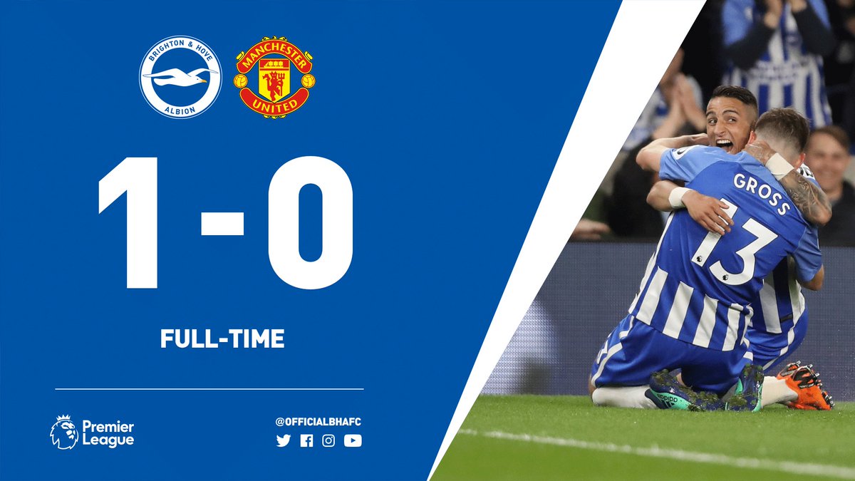 👏 FT: Albion will play their football in the <a href="/premierleague/">Premier League</a> next season! A second-half header from Gross sees Hughton’s team secure the points needed to guarantee safety. A brilliant performance from the Seagulls, on a special night at the Amex Stadium. #BHAFC 1 #MUFC 0 #BHAMUN